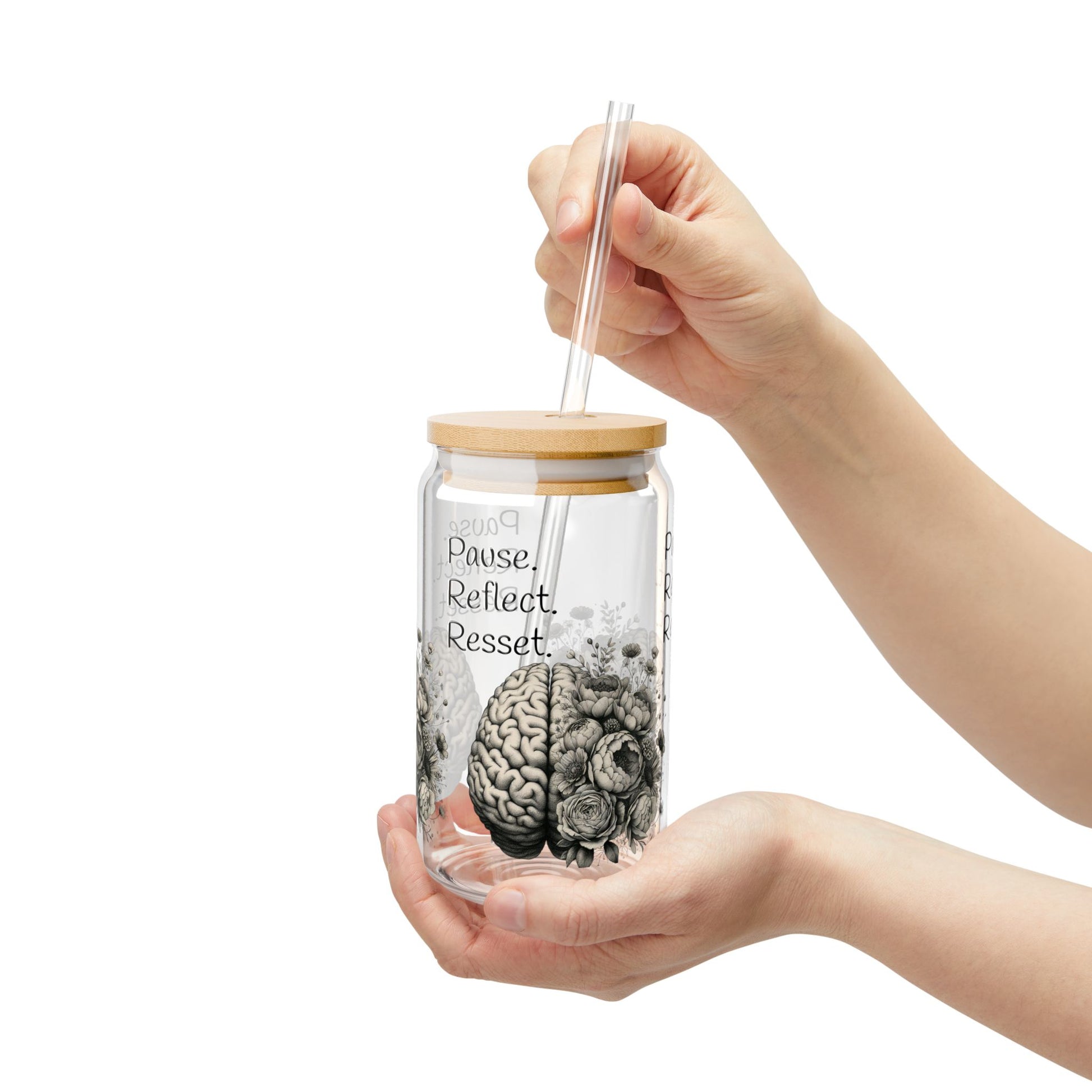 Mindfulness Sipper Glass, 16oz - Pause, Reflect, Reset - Perfect for Meditation, Self-Care, Gifts for Mental Health Awareness