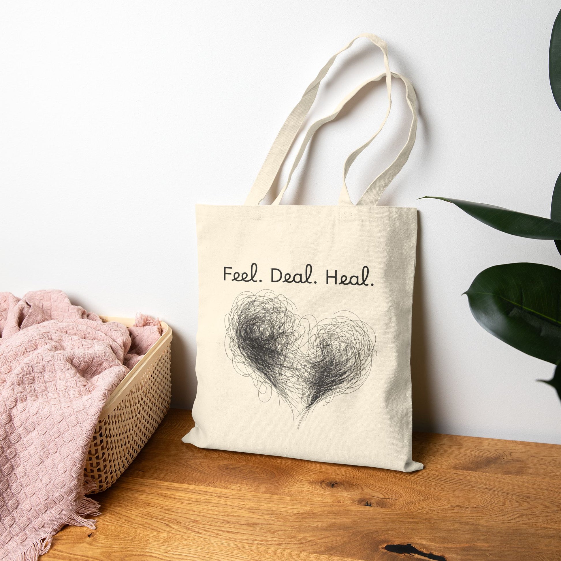 Feel, Deal, Heal Cotton Canvas Tote Bag | Eco-Friendly Shopper, Gift for Friends, Beach Bag, Reusable Grocery Bag, Emotional Wellness Tote