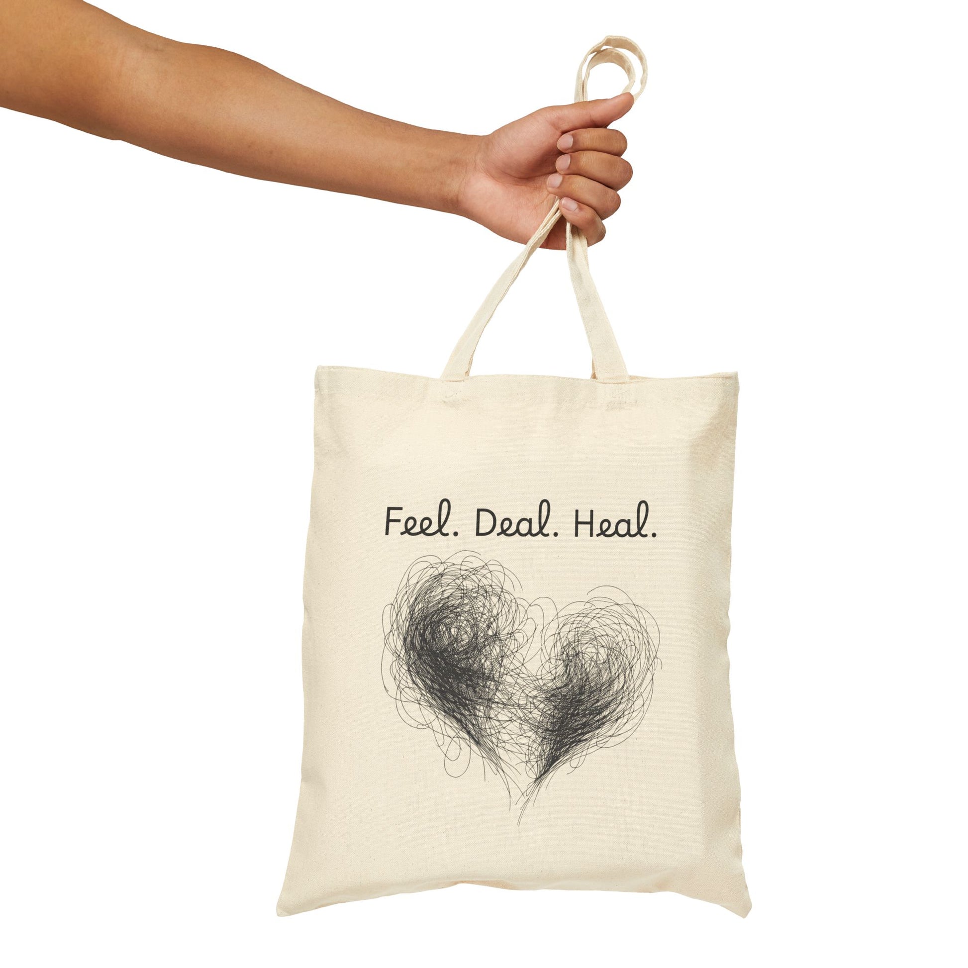 Feel, Deal, Heal Cotton Canvas Tote Bag | Eco-Friendly Shopper, Gift for Friends, Beach Bag, Reusable Grocery Bag, Emotional Wellness Tote