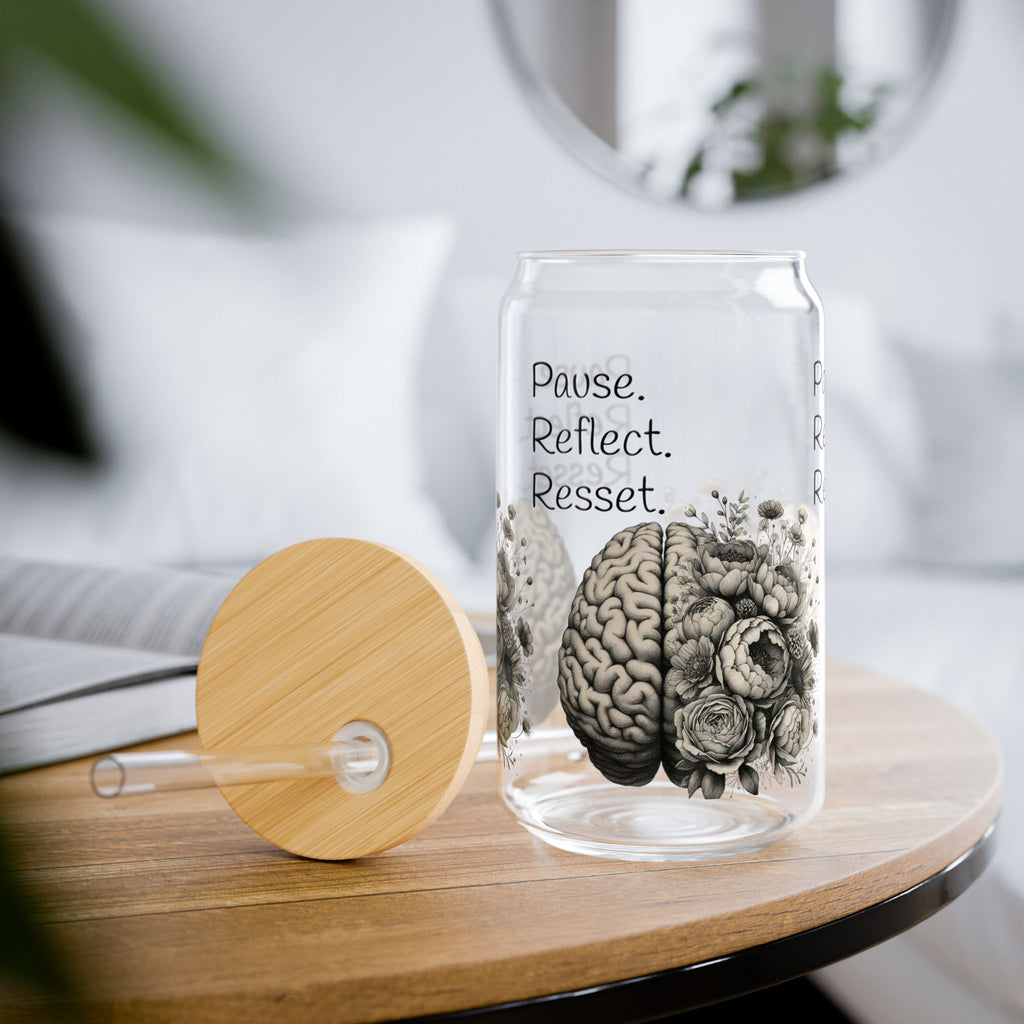 Mindfulness Sipper Glass, 16oz - Pause, Reflect, Reset - Perfect for Meditation, Self-Care, Gifts for Mental Health Awareness