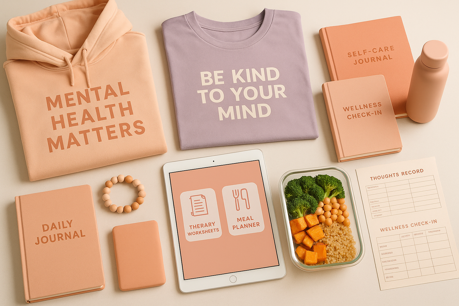 eco-friendly mental health apparel, digital downloads, meal plans, self-help journals, therapy worksheets, all things to help improve overall wellbeing in a pastel sunset color scheme